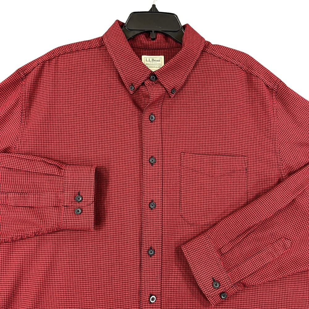 L.L. Bean Button Down Shirt Mens XL Red Houndstooth Cotton Casual Wear